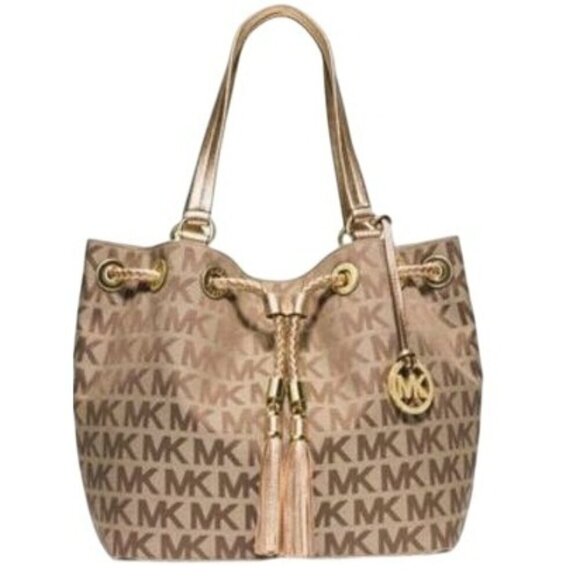 Michael Kors Jet Set Large Signature Gathered Hobo Satchel Tote Gold and Brown - Picture 1 of 16